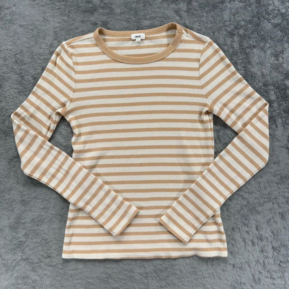 Aerie Women’s Crewneck Striped Ribbed Long Sleeve Shirt White Beige